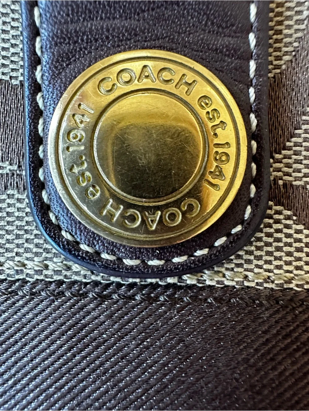 Coach Signature Stripe Bifold Wallet Brown Khaki Canvas Leather Snap Zip Wallet